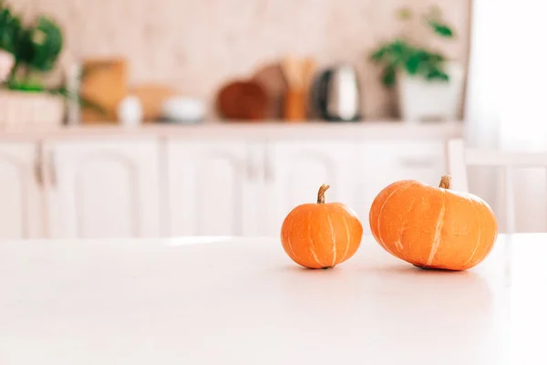 Yellow Pumpkins White Table Interior Home Kitchen Cozy Autumn Concept — Stock Photo, Image