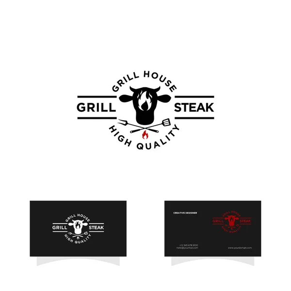 Grill Grill Mat Nötkött Och Stek Logotyp Mall Vektor Illustration — Stock vektor