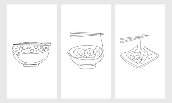 Set One Continuous Line Drawing Japanese Spicy Noodles Banner Logo — Vettoriale Stock
