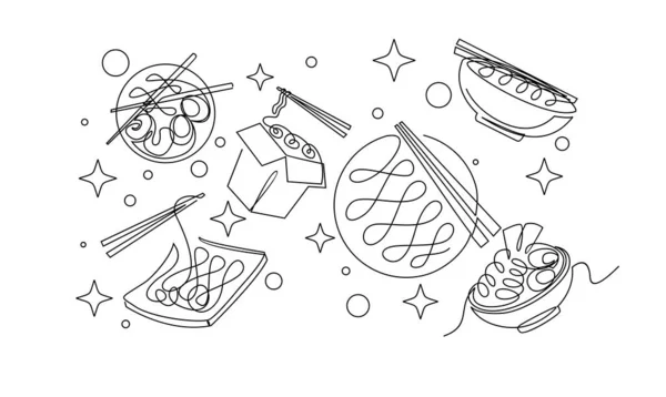 Set One Continuous Line Drawing Japanese Spicy Noodles Banner Logo — Image vectorielle