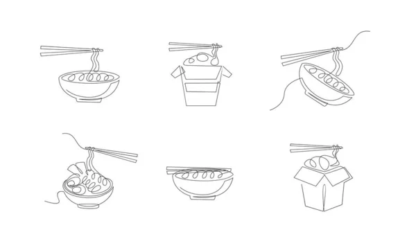 Set One Continuous Line Drawing Japanese Spicy Noodles Banner Logo —  Vetores de Stock
