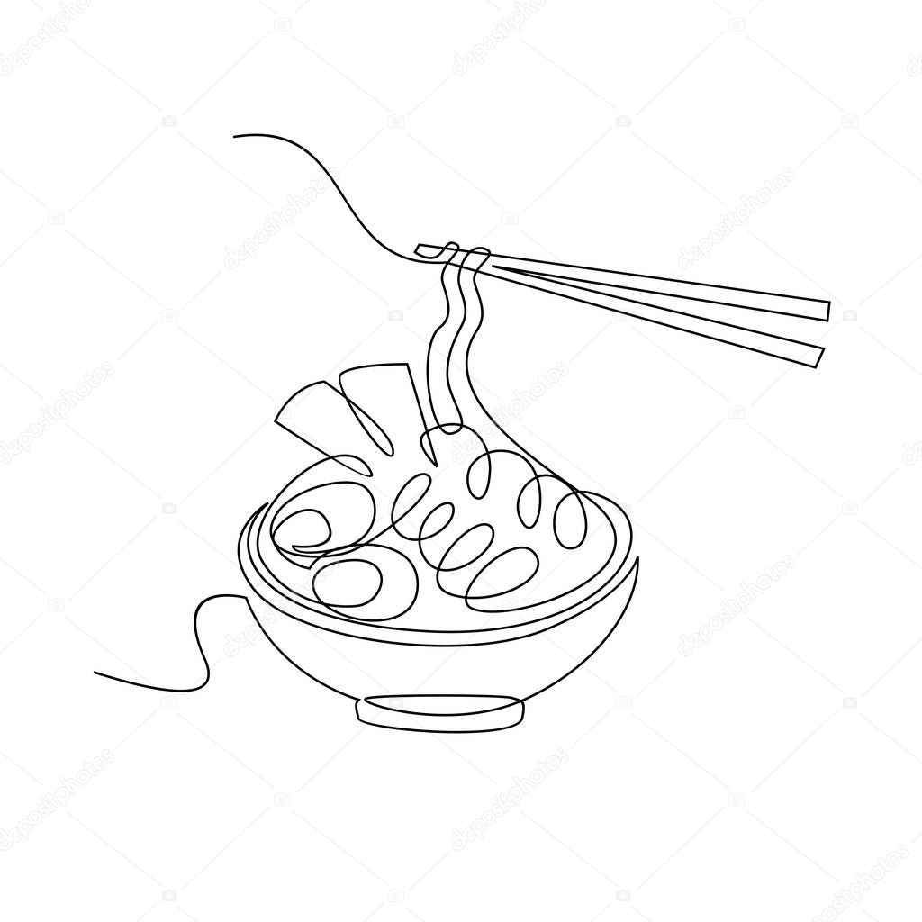 One continuous line drawing Japanese spicy noodles logo emblem Fast food cafe shop logotype template concept Modern single line draw design vector illustration
