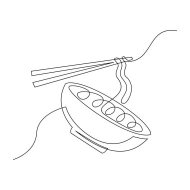 Japon baharatlı şehriye amblemi çizen kesintisiz bir çizgi. Fast food kafe logoti şablonu. Modern tek çizgi tasarım vektör çizimi.