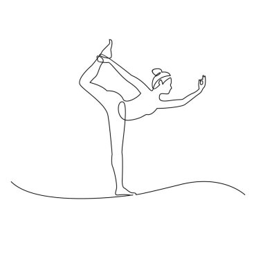 Sürekli bir çizgi çiziyor. Yoga yapan kadın bacak bacak üstüne atmış meditasyon yapıyor. Vektör illüstrasyonu