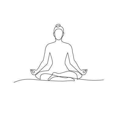 Continuous one line drawing. Woman sitting yoga pose cross legged meditating. Vector illustration