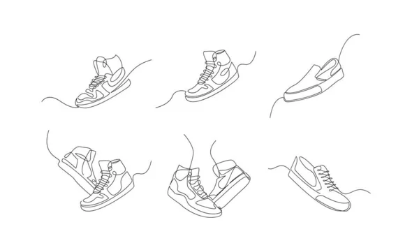 Zestaw Kolekcja Wektor Ilustracja Trampki Sportowe Buty Ciągłym Jednym Wierszu — Wektor stockowy