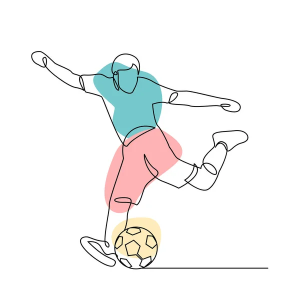 Continuous Line Illustration Football Player Kicks Ball — Vector de stock