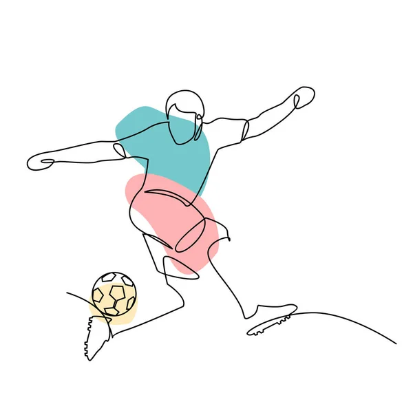 Continuous Line Illustration Football Player Kicks Ball — Vector de stock