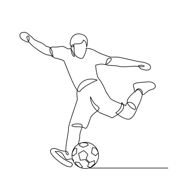 Desenho Linha Contínua Ilustração Mostra Que Jogador Futebol Chuta Bola —  Vetores de Stock