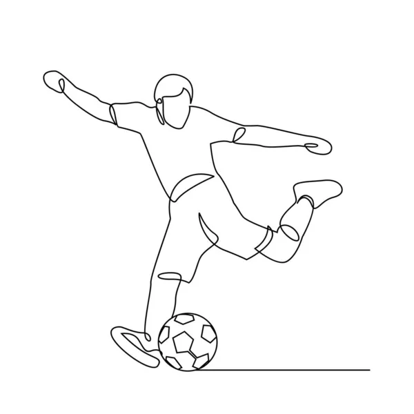 Continu Lijntekening Afbeelding Ziet Een Voetbal Speler Trapt Bal Voetbal — Stockvector