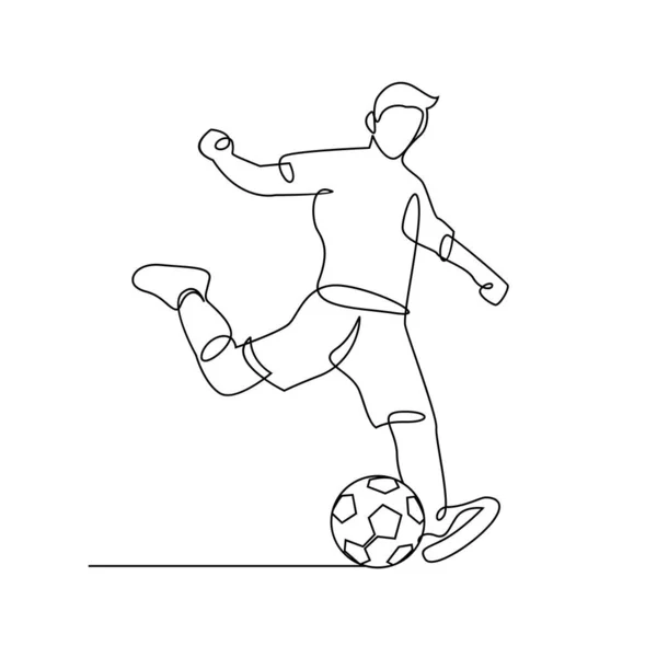 Desenho Linha Contínua Ilustração Mostra Que Jogador Futebol Chuta Bola — Vetor de Stock