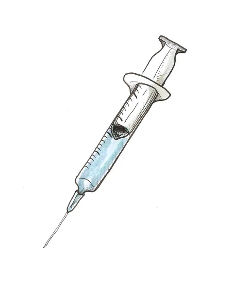 주사기를 클로즈업하면 배경의 의료용 유리병에서 파란색 액체가 나온다 — 스톡 사진