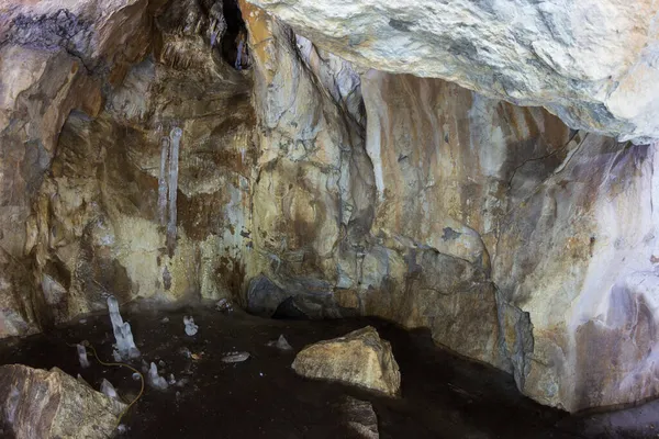 Ice Stalagmites Illuminated Cave — Stock Photo, Image