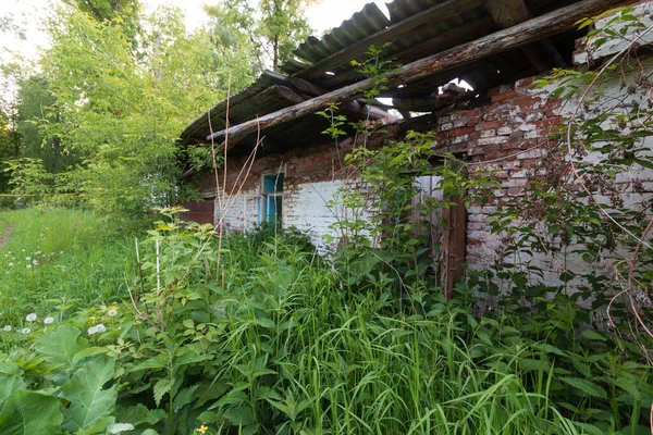 Pared Una Casa Abandonada Con Techo Derrumbado Cubierto Hierba Verano — Foto de Stock