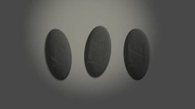 Three scandinavian oval runes made of stone devination, placed over white background with mysterious lightning