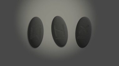 Three scandinavian oval runes made of stone devination, placed over white background with mysterious lightning
