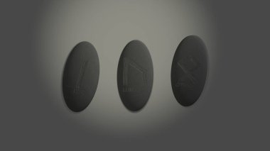 Three scandinavian oval runes made of stone devination, placed over white background with mysterious lightning