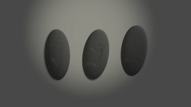 Three scandinavian oval runes made of stone devination, placed over white background with mysterious lightning
