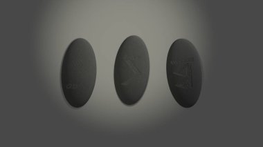 Three scandinavian oval runes made of stone devination, placed over white background with mysterious lightning