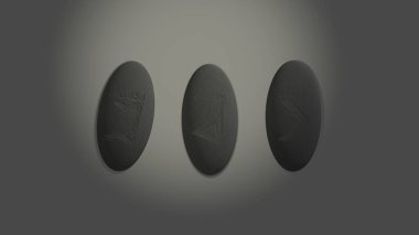 Three scandinavian oval runes made of stone devination, placed over white background with mysterious lightning