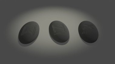 Three scandinavian oval runes made of stone devination, placed over white background with mysterious lightning