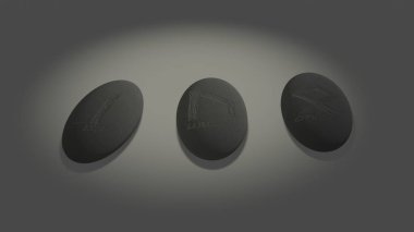 Three scandinavian oval runes made of stone devination, placed over white background with mysterious lightning
