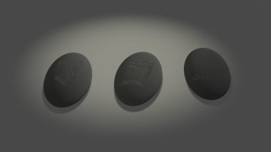 Three scandinavian oval runes made of stone devination, placed over white background with mysterious lightning
