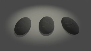 Three scandinavian oval runes made of stone devination, placed over white background with mysterious lightning