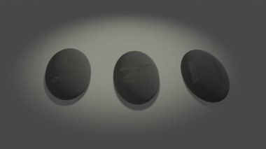 Three scandinavian oval runes made of stone devination, placed over white background with mysterious lightning