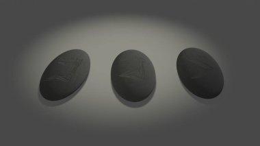 Three scandinavian oval runes made of stone devination, placed over white background with mysterious lightning