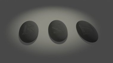 Three scandinavian oval runes made of stone devination, placed over white background with mysterious lightning