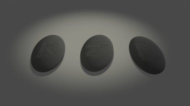Three scandinavian oval runes made of stone devination, placed over white background with mysterious lightning