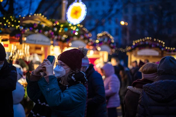Prague Δεκεμβριου 2021 Παραδοσιακές Χριστουγεννιάτικες Αγορές Στην Πλατεία Ειρήνης Namesti Εικόνα Αρχείου