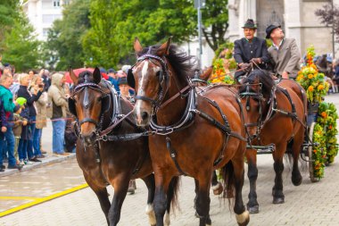 17 Eylül 2022 'de Münih, Almanya' da Covid-19 'da iki yıl durakladıktan sonra Ekim Festivali' nin açılış töreni. At arabaları ve orkestraları Oktoberfest geçit törenine katılıyor..