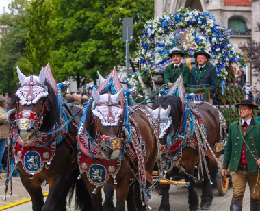 17 Eylül 2022 'de Münih, Almanya' da Covid-19 'da iki yıl durakladıktan sonra Ekim Festivali' nin açılış töreni. At arabaları ve orkestraları Oktoberfest geçit törenine katılıyor..