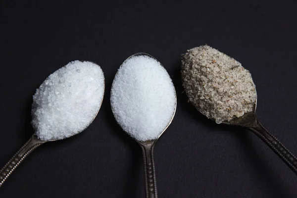 Different Types Salt Black Background Fine Salt Salt Spices — Stockfoto