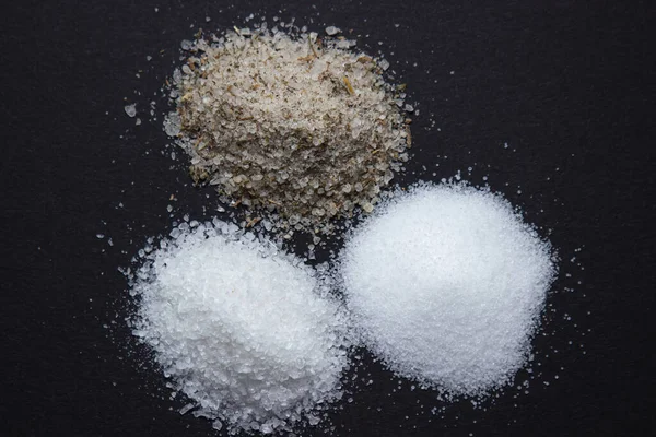 Different Types Salt Black Background Fine Salt Salt Spices — Stock Photo, Image
