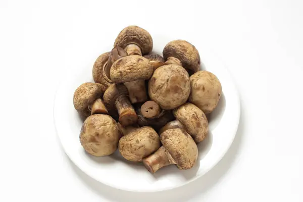 Boiled Mushrooms White Background Boiled Champignons White Plate Healthy Diet — Stock fotografie