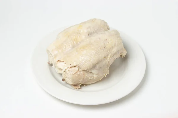 Kokt Kyckling Bröst Vit Bakgrund Kost Kött Vit Tallrik Hälsosam — Stockfoto