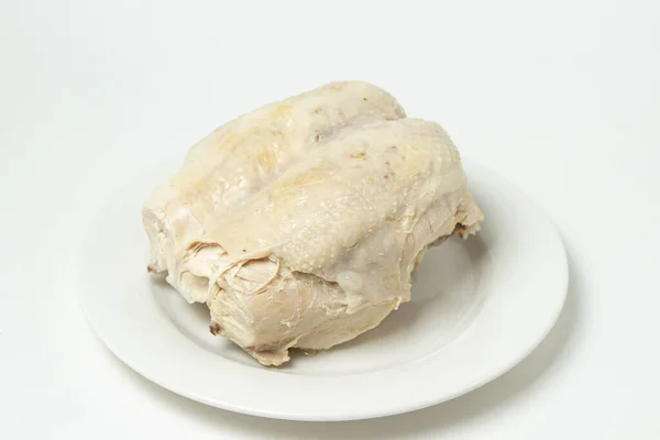 Boiled Chicken Breast White Background Diet Meat White Plate Healthy — Stock Fotó