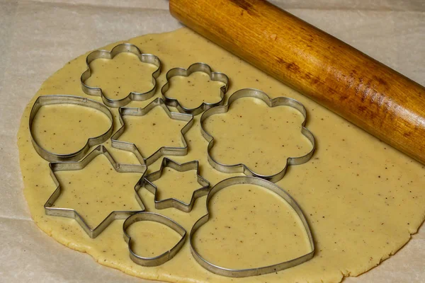 Making Homemade Cookies Cookie Cutters Rolled Dough Making Shortbread Cookies — Stock fotografie