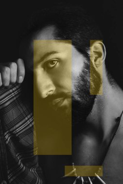 Black and white male portrait with colored geometric shapes. Creative male portrait. color effect on photo