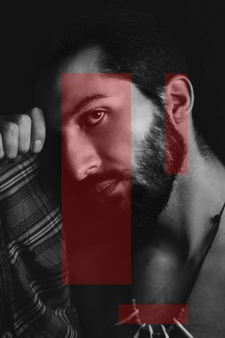 Black and white male portrait with colored geometric shapes. Creative male portrait. color effect on photo