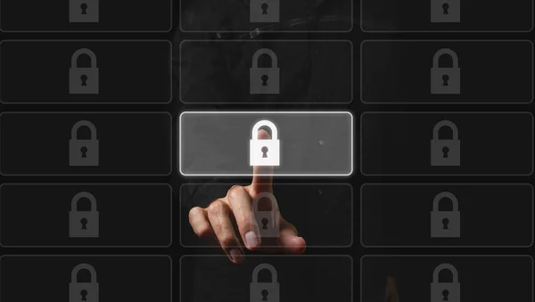 Businessman Chooses Padlock Icon Cybersecurity Privacy Concepts Protect Data Lock — Stock Photo, Image
