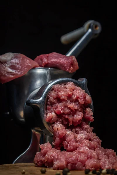 Meat Meat Grinder Black Background Pork Meat Twisted Old Meat — Stock Photo, Image