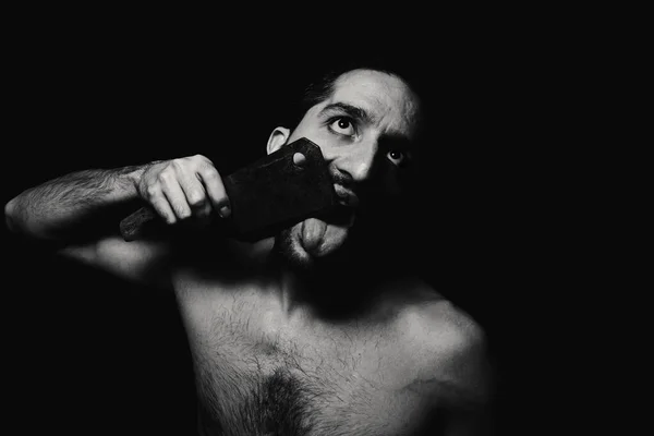 Retrato Masculino Estilo Horror Homem Gritar Com Machado Nas Mãos — Fotografia de Stock
