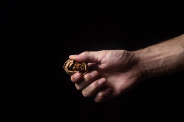 Siyah arka planda bir el cevizi kırar. Ellerinle ayrıl. Güçlü el.