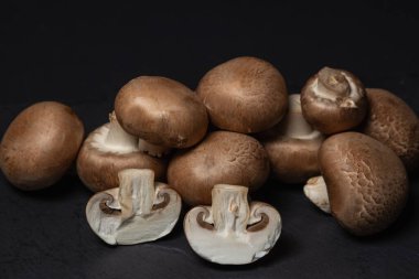 Siyah arka planda kahverengi şampiyonlar. Şampiyon ikiye bölündü. taze mantarlar