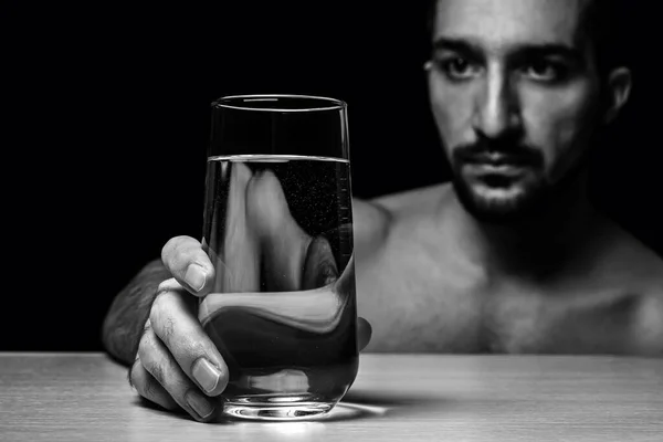 Man Takes Glass Water Black Background Pure Drinking Water Thirst — Stock Photo, Image
