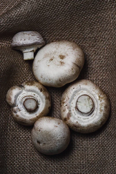 Champignons Burlap Fresh White Mushrooms Lot Mushrooms — Stock Photo, Image